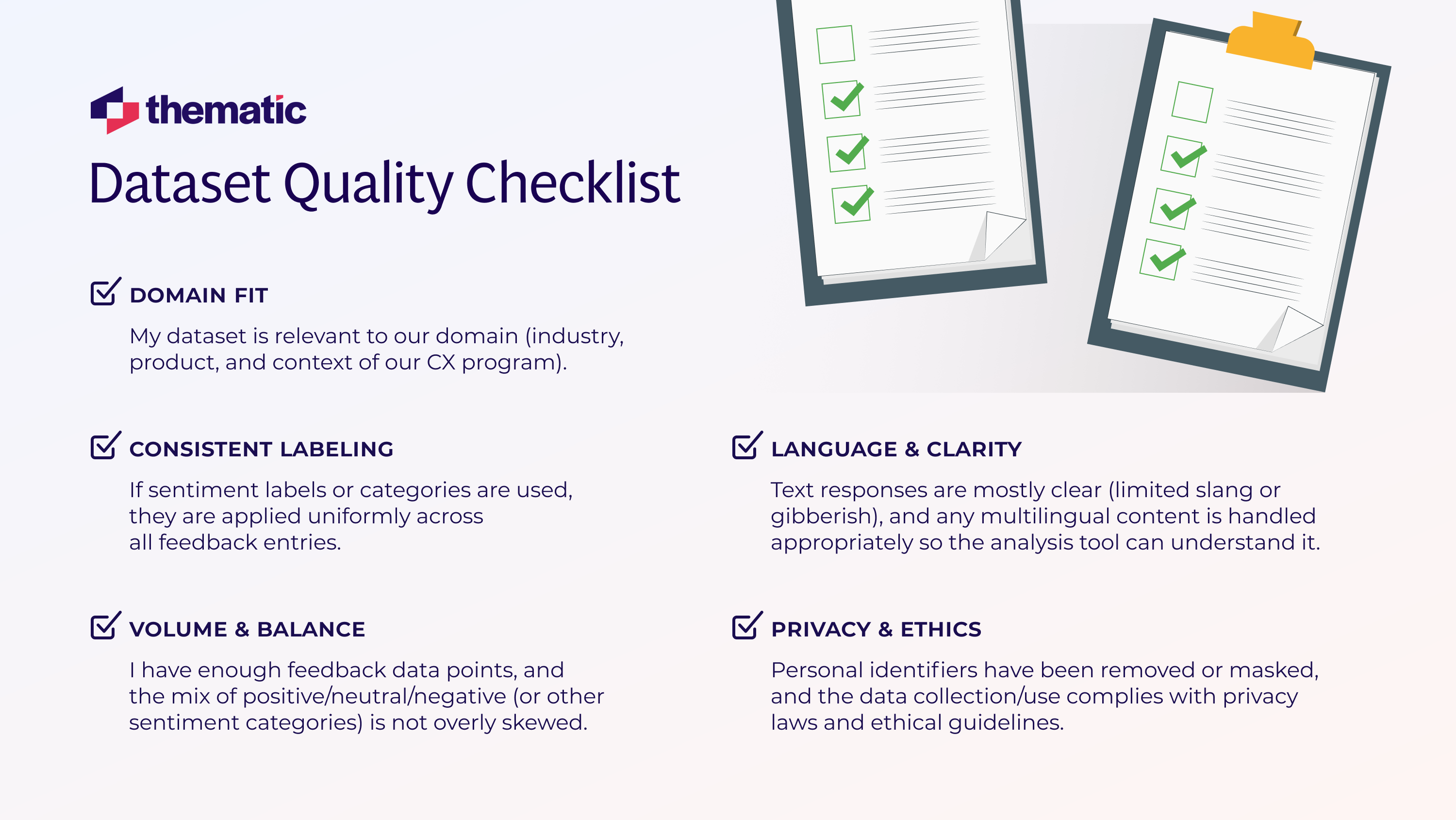 Checklist for getting a quality dataset.