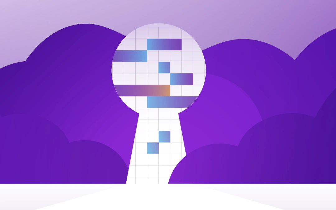 Keyhole filled with a colorful grid mosaic against a purple background