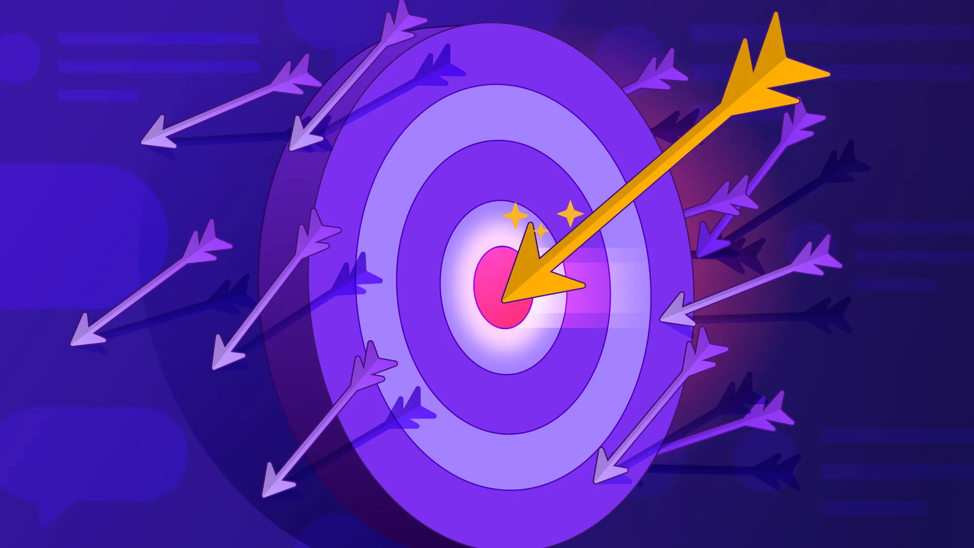 One golden arrow hits the target in a sea of other bad attempts. In the background, we see UI feedback elements.