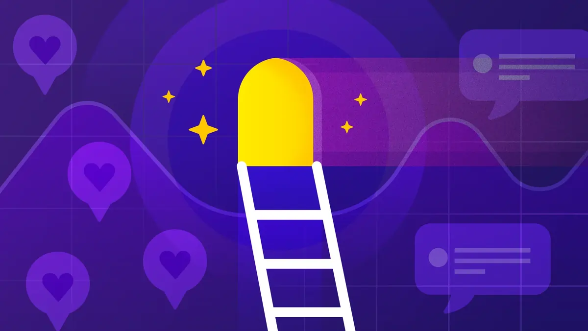 A step ladder leads to a lit door, almost inviting the viewer in. Around it, UI elements float around.