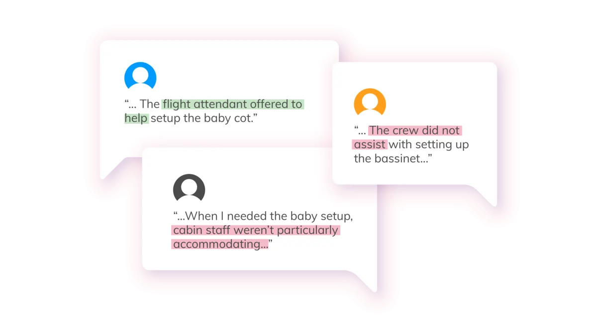 Comments shown with negative and positive sentiment highlighted.