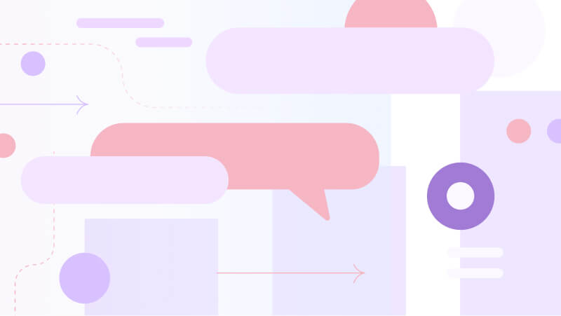 Abstract illustration with overlapping speech bubbles and geometric shapes in pink, purple, and lavender tones.