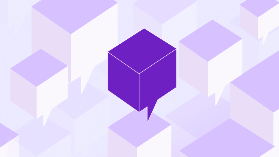 Abstract illustration of isometric cubes styled as speech bubbles in shades of purple and lavender, with one prominent dark purple cube in the center, representing consolidated feedback or unified customer voice.
