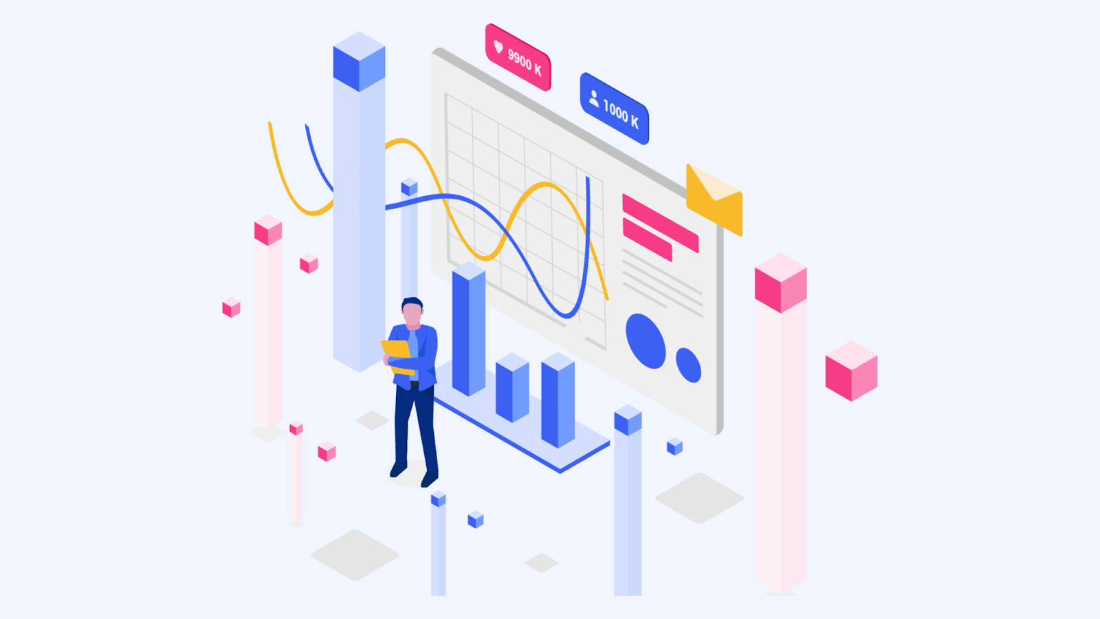 graphic of a man standing among graphs and numbers