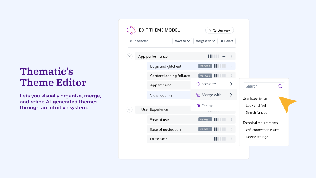 Screenshot of a theme editor interface showing how to organize, merge, and move AI-generated themes like App performance and User Experience into categories.