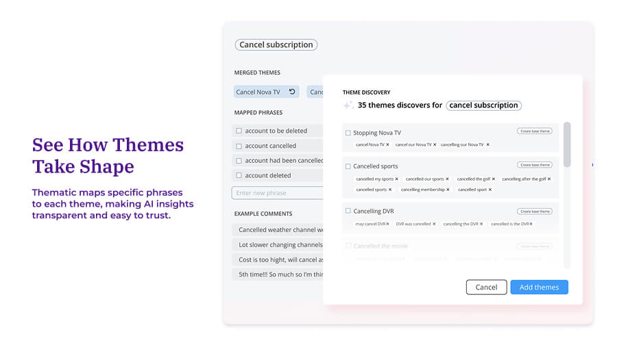 Thematic platform interface showing theme discovery for "cancel subscription" feedback. The left panel displays mapped phrases like "account cancelled" and "account deleted" with example comments. The right panel shows 35 discovered themes including "Stopping Nova TV" and "Cancelled sports" with their associated trigger phrases.