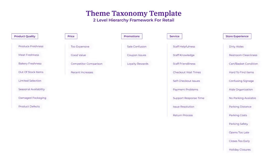 A two-level theme taxonomy for retail feedback with five parent themes in purple boxes: Product Quality, Price, Promotions, Service, and Store Experience. Each branches into specific sub-themes like Produce Freshness, Too Expensive, Staff Helpfulness, and Parking Safety.