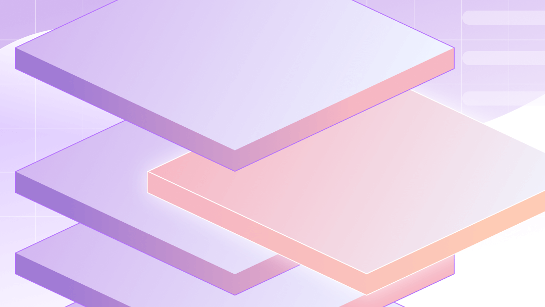 Abstract illustration of layered geometric shapes in purple and pink gradients, representing stacked data layers in a feedback analytics system.
