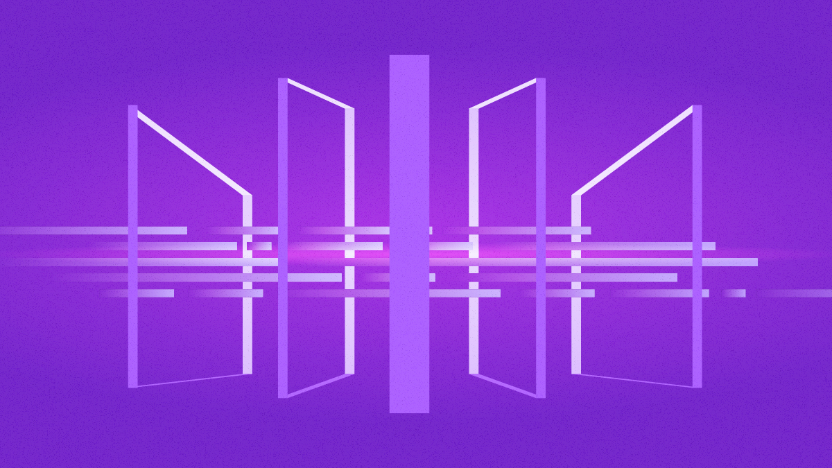 Abstract purple geometric illustration with intersecting vertical and horizontal lines forming a grid-like pattern