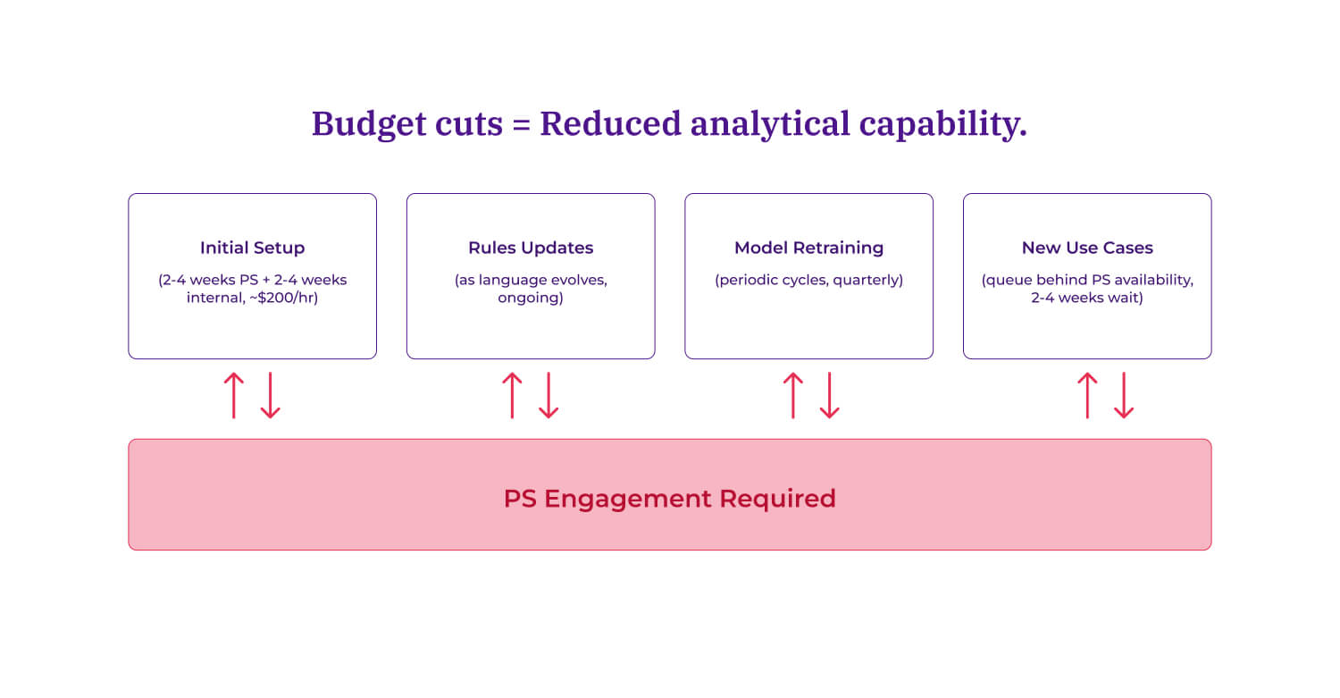 Diagram showing four activities that require professional services engagement: initial setup, rules updates, model retraining, and new use cases, all looping back to a central PS dependency layer.
