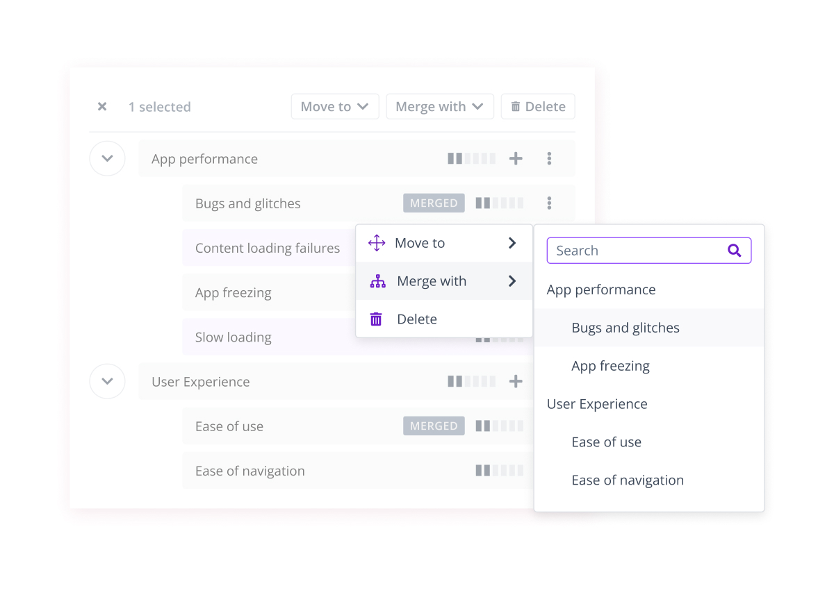 Thematic platform comparing themes between 1-star and 5-star app reviews. Base themes like User Experience and Access My Account skew toward low ratings, while Great Banking App and Easy Banking appear mostly in positive reviews. Sub themes reveal specific issues like Cannot Login and Locked Out of My Account.
