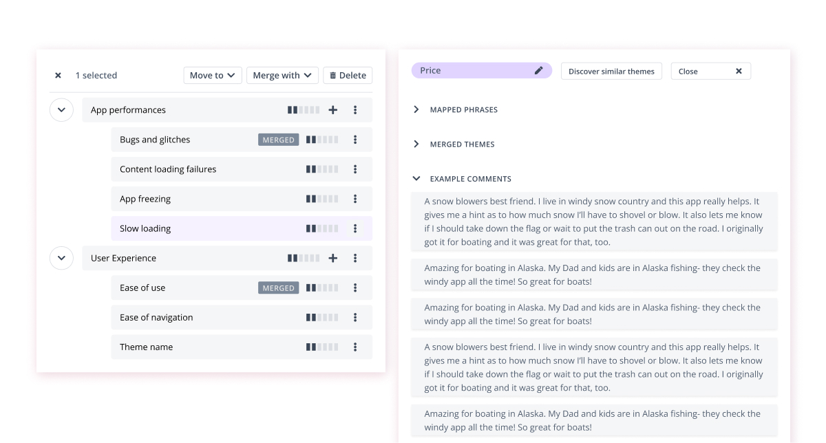 Thematic's Theme Editor showing a theme hierarchy with App Performance and User Experience as parent themes, each with subthemes like Bugs and glitches and Ease of use, alongside a detail panel for the Price theme displaying mapped phrases, merged themes, and example customer comments
