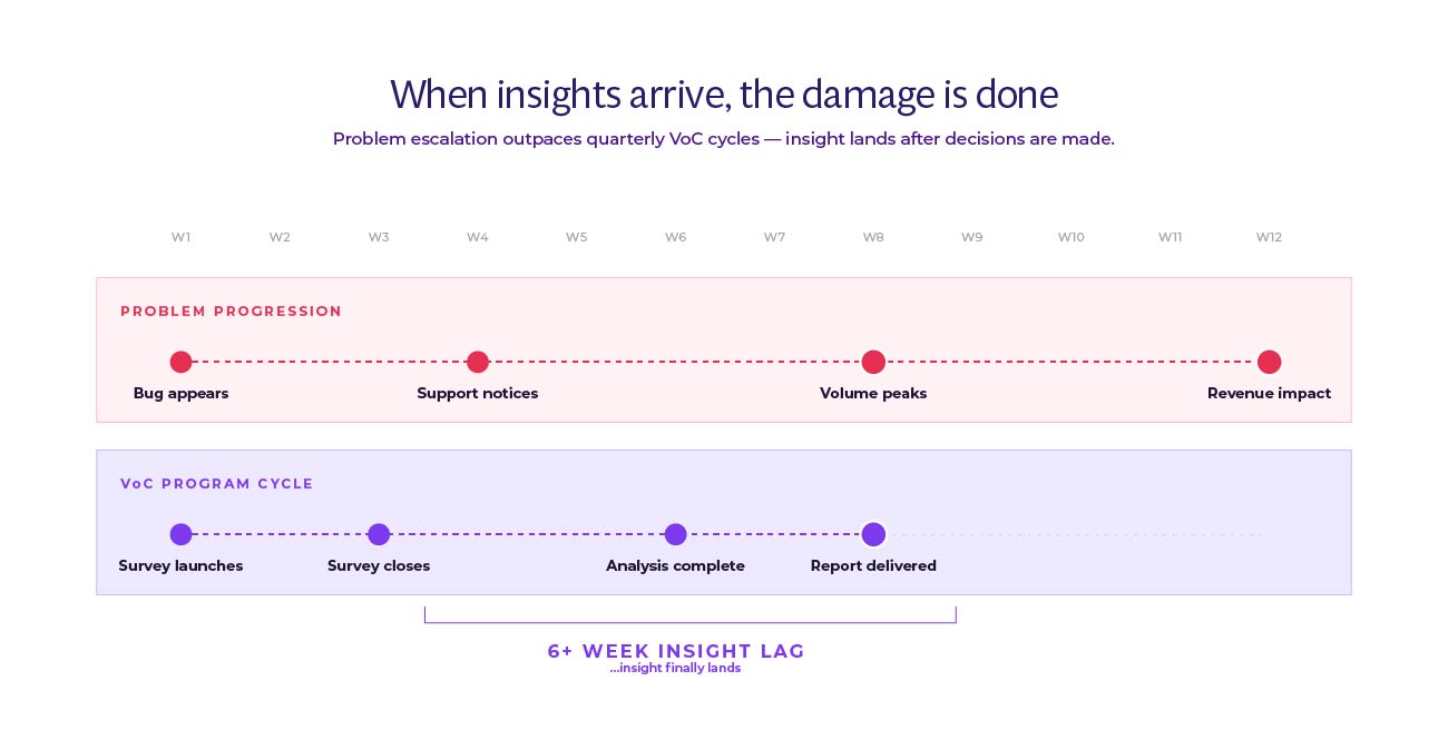 Parallel 12-week timeline showing a customer problem escalating from bug to revenue impact while a quarterly VoC cycle is still collecting and analysing data, creating a 6-week gap between the damage happening and the insight arriving.