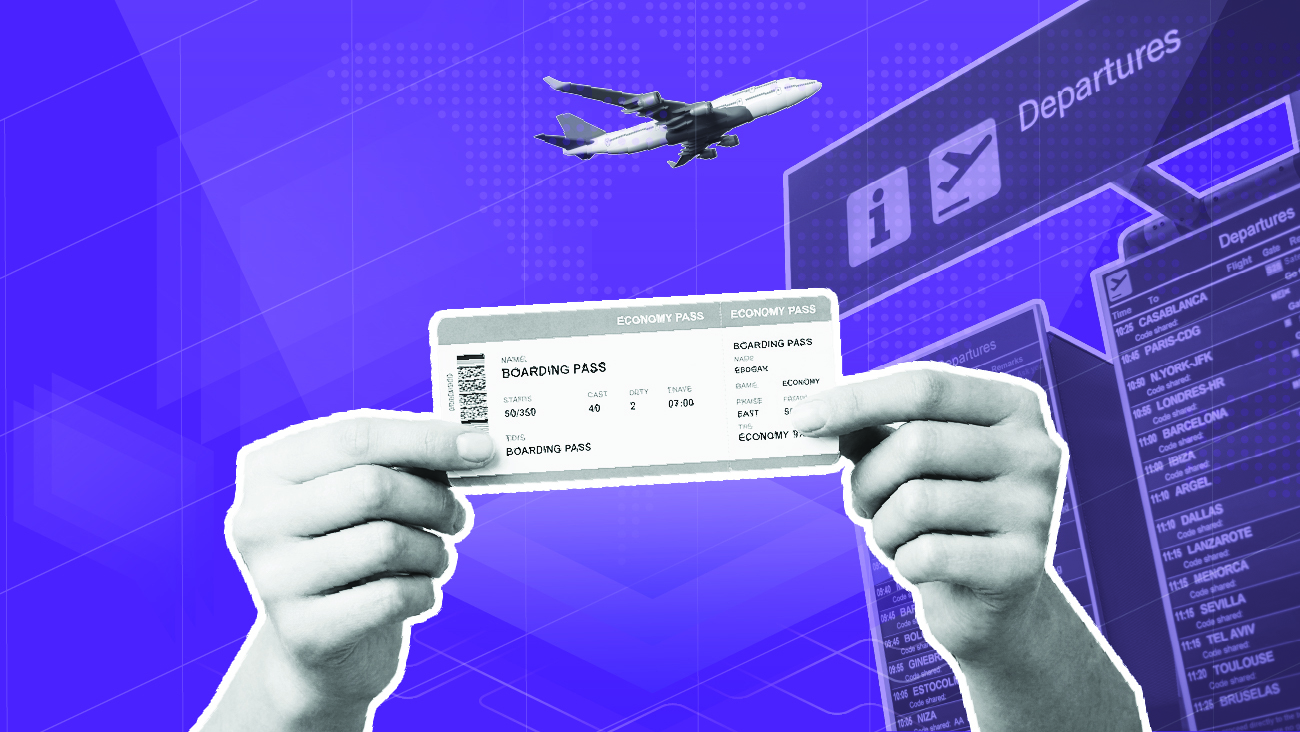Conceptual illustration of air travel. A boarding pass, departing plane, and departure boards; themed for an airline customer feedback story.