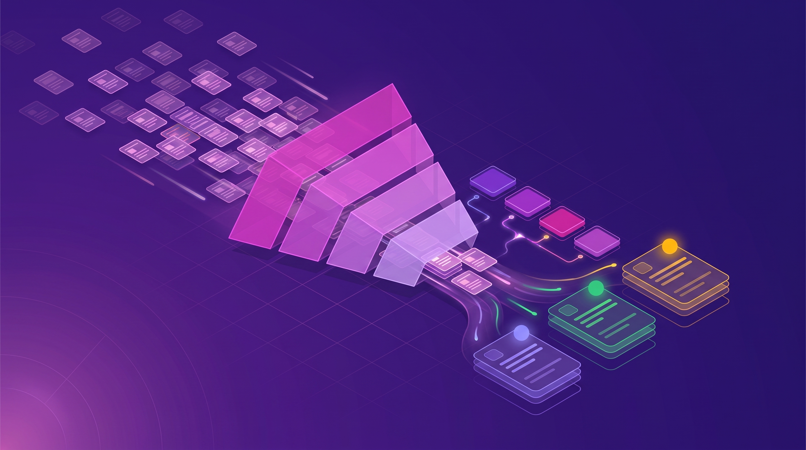 A stream of customer support tickets flowing into a funnel and converging into a few labeled theme clusters, with a row of tool comparison tiles alongside.