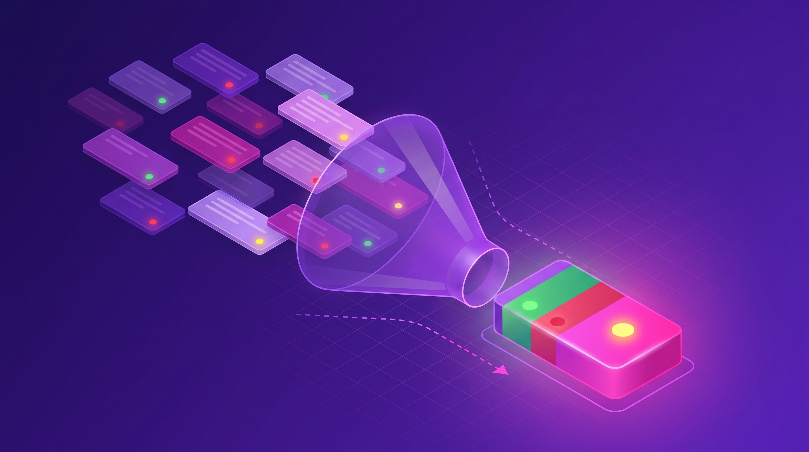 Streams of open-ended customer comments converging into a single measured impact score, with sentiment-colored segments.