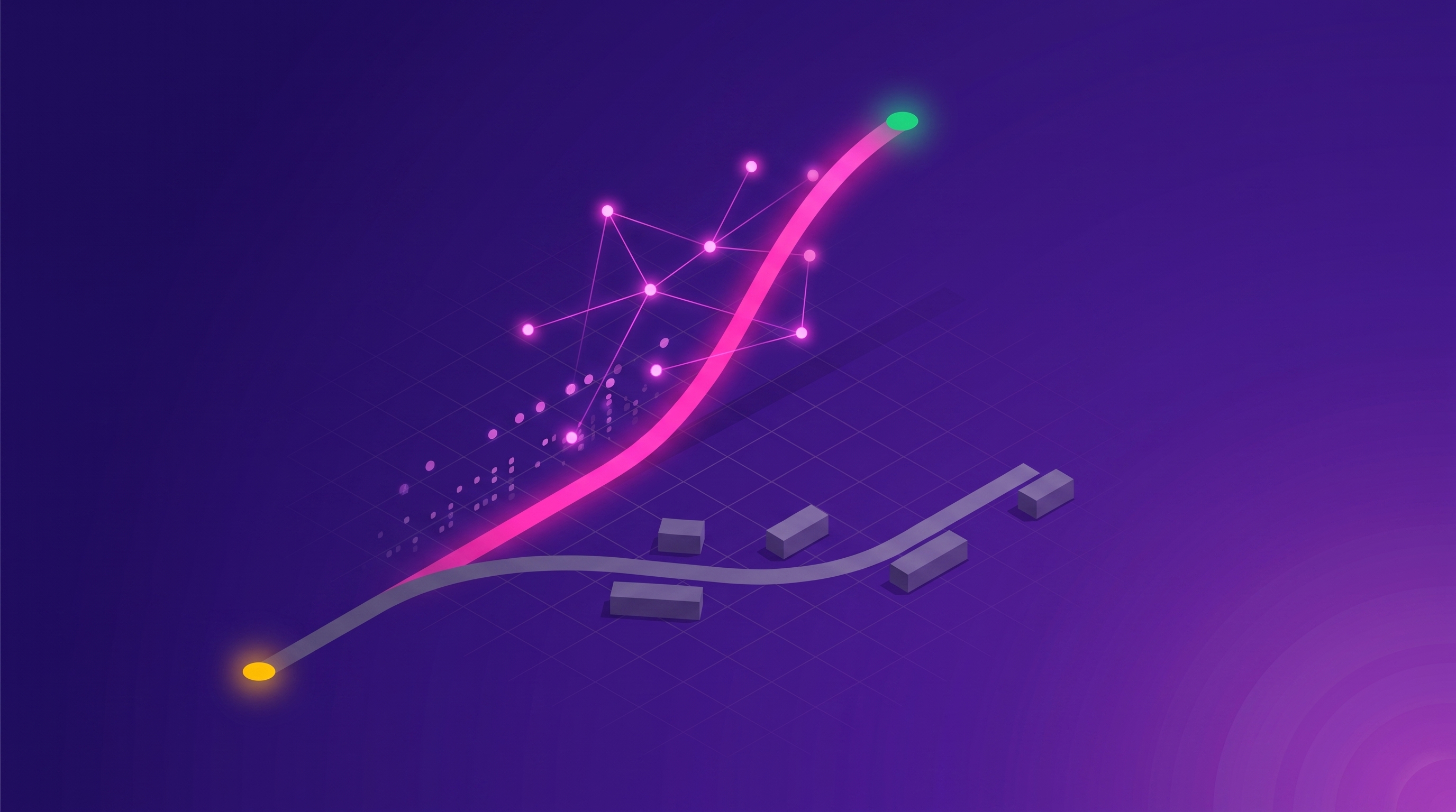 Two side-by-side paths, a slowly hand-built stack of labeled category boxes on the left and themes emerging automatically as glowing connected nodes from a stream of customer comments on the right.