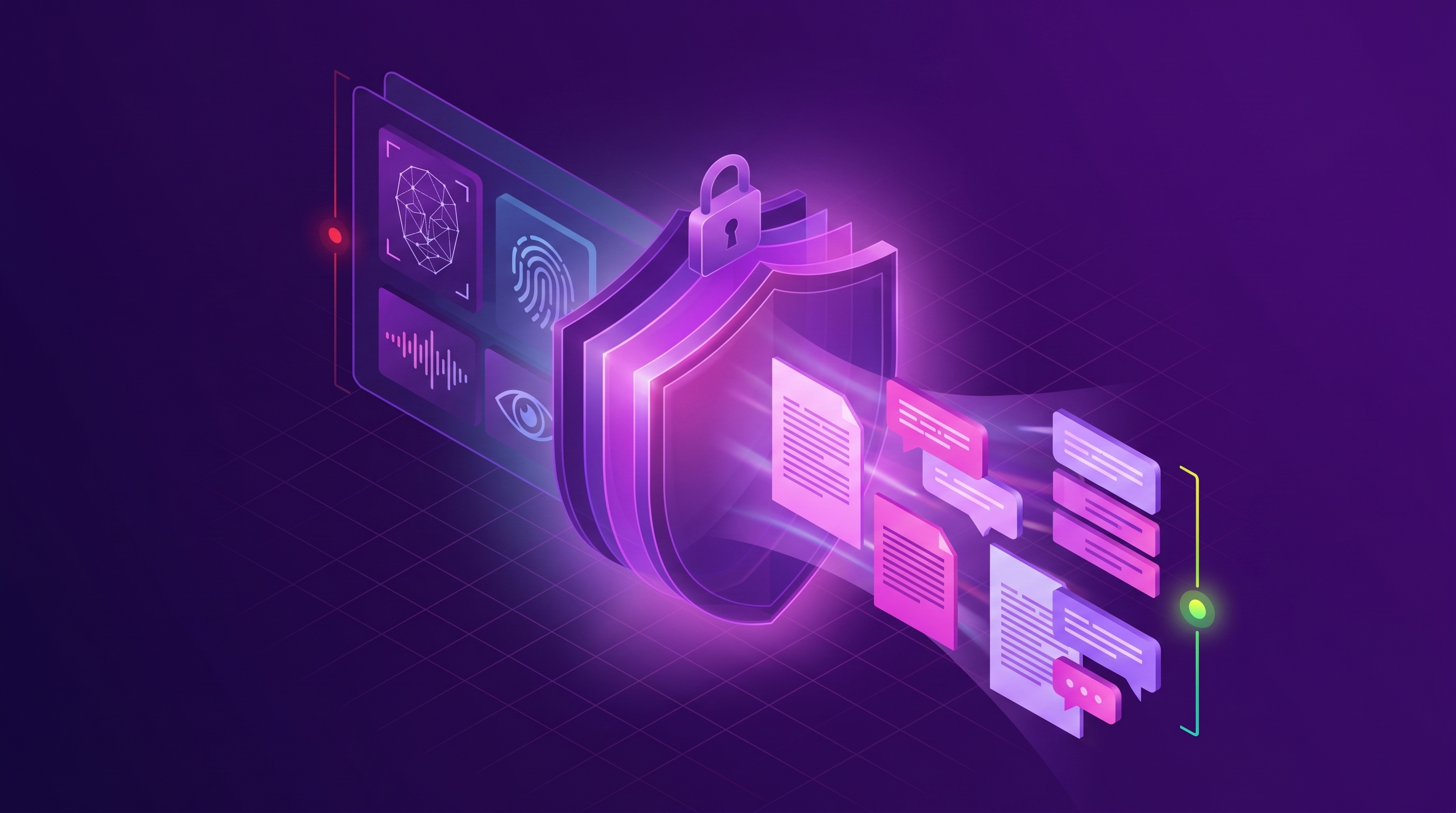 A dividing line separating biometric face and voice emotion-recognition signals on the regulated side from a stream of written customer feedback text sorted into themes on the clear side, framed by an EU regulatory border.