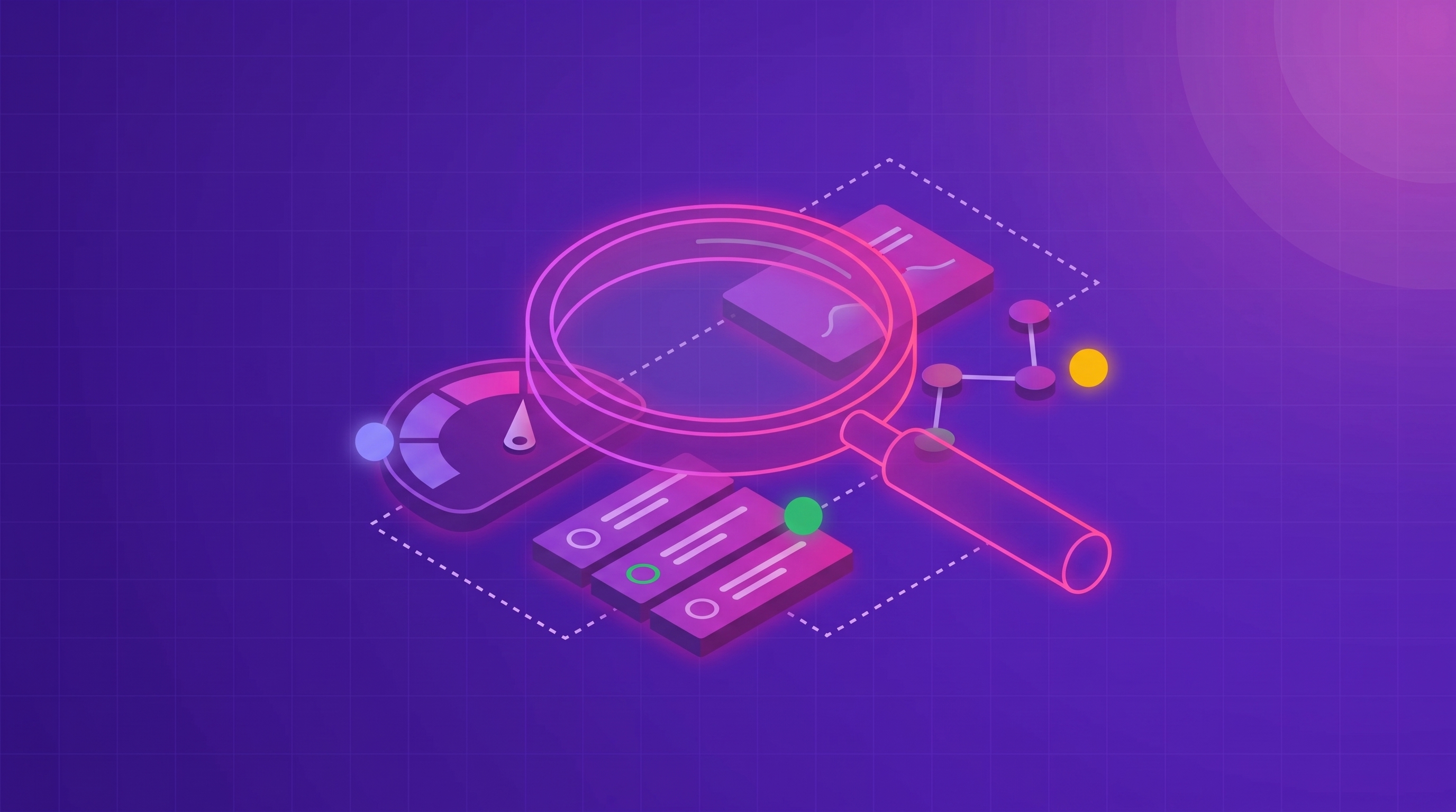 A magnifier over a vendor scorecard comparing AI feedback analytics platforms across accuracy, transparency, and governance, with precision and recall gauges and a checklist, on a deep-purple isometric grid.