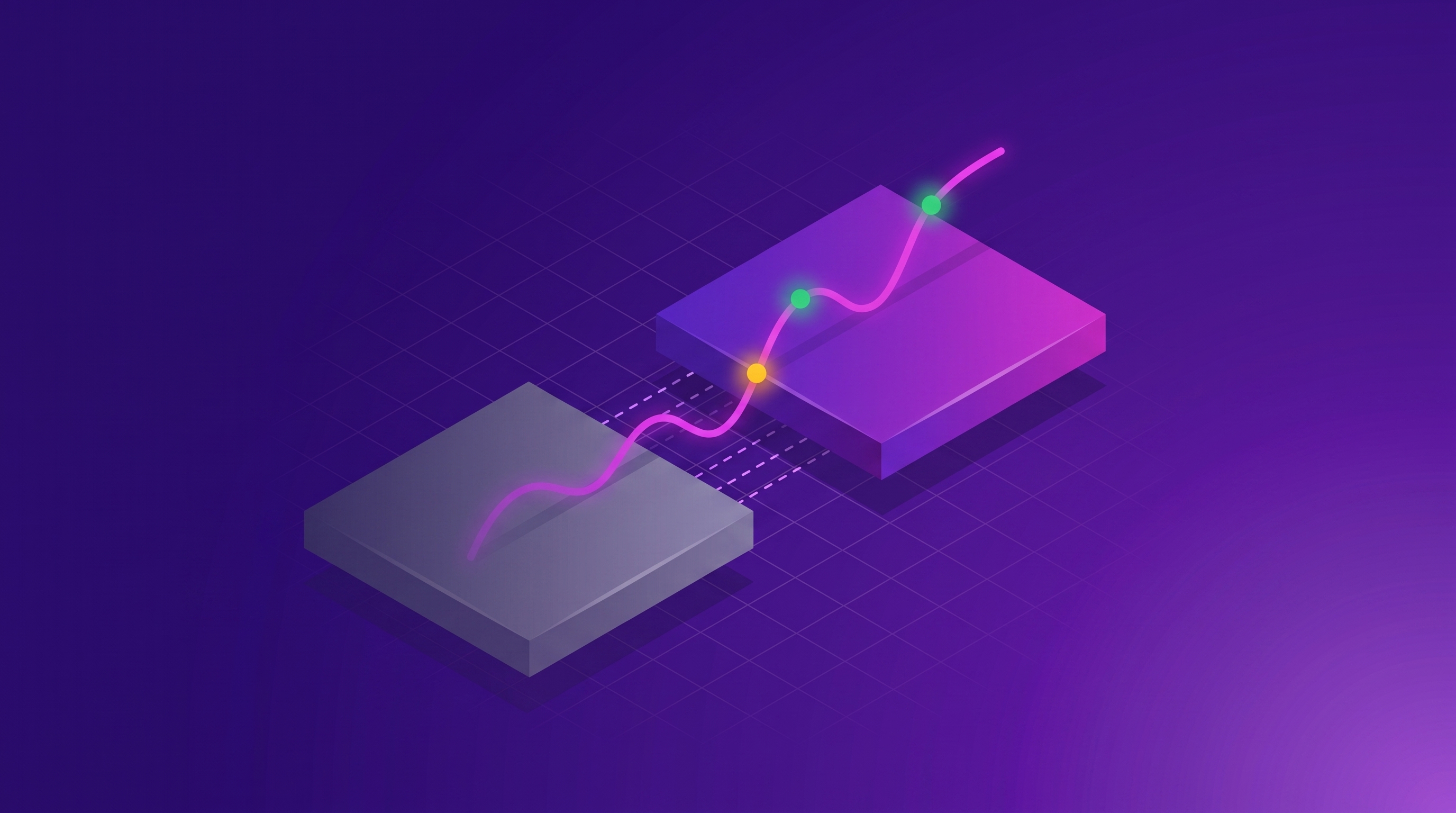 An isometric scene of customer feedback history migrating from a legacy platform to a new analytics layer, with the trend line continuing unbroken across the switch.