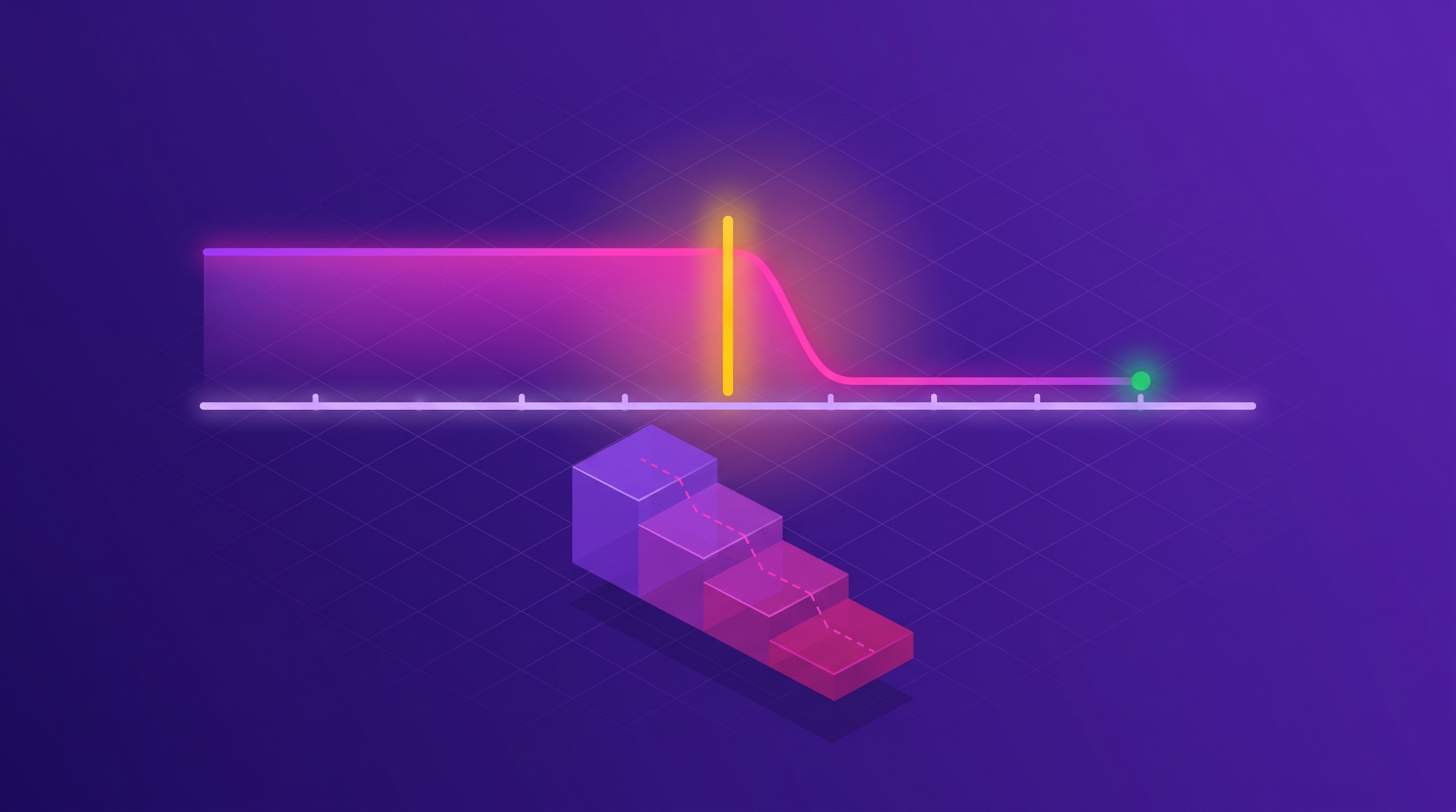 Isometric before-and-after scene showing a customer feedback theme shrinking after an initiative launch, with a waterfall chart attributing the score change.