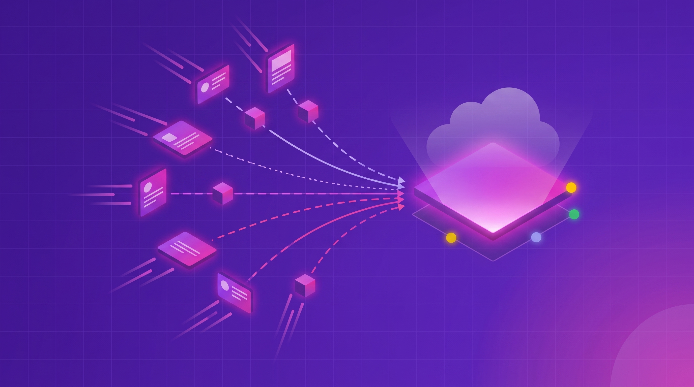 Isometric illustration of scattered feedback channels (surveys, tickets, app reviews, call notes) converging into one unified, traceable layer of themes.