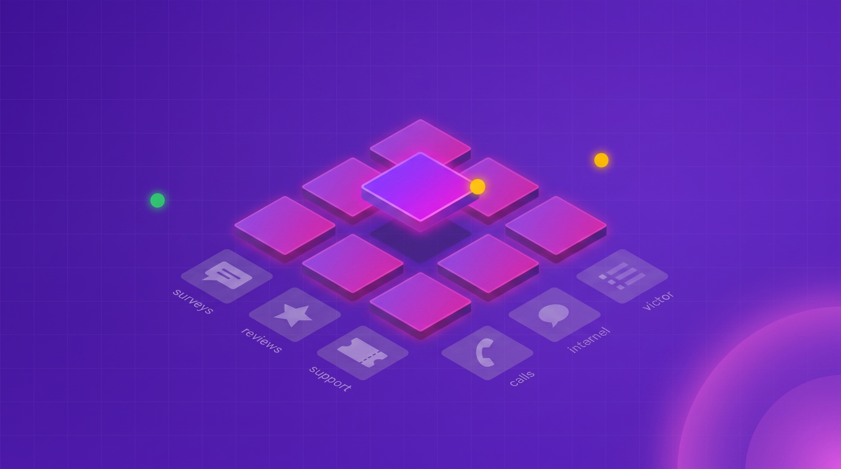 An isometric grid of enterprise feedback-analytics platform tiles, one lifting forward as the best-fit choice, over faint channel icons for surveys, reviews, tickets, and calls.