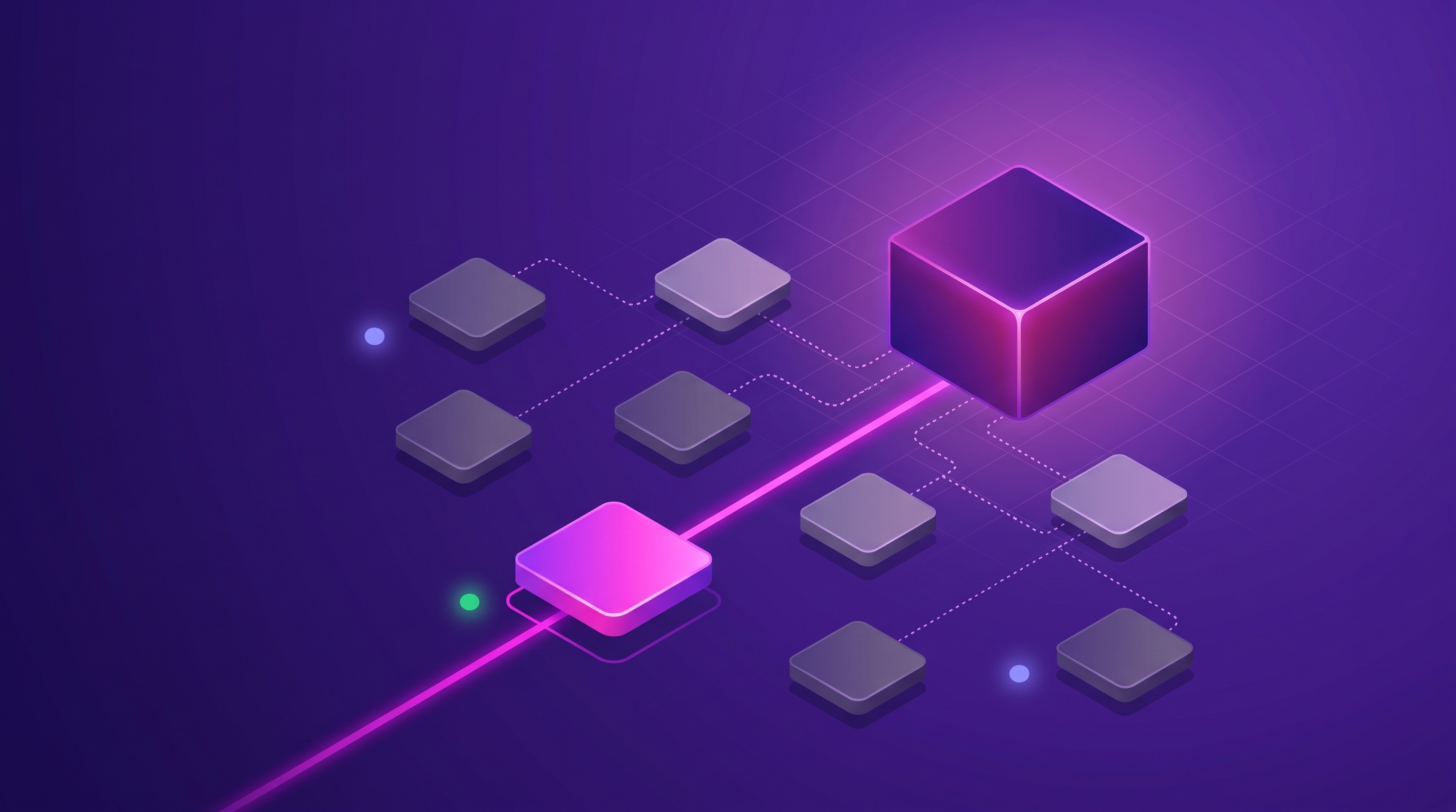Seven distinct software platform blocks branching away from a single consolidated suite, with one analytics layer highlighted as the clear path forward.