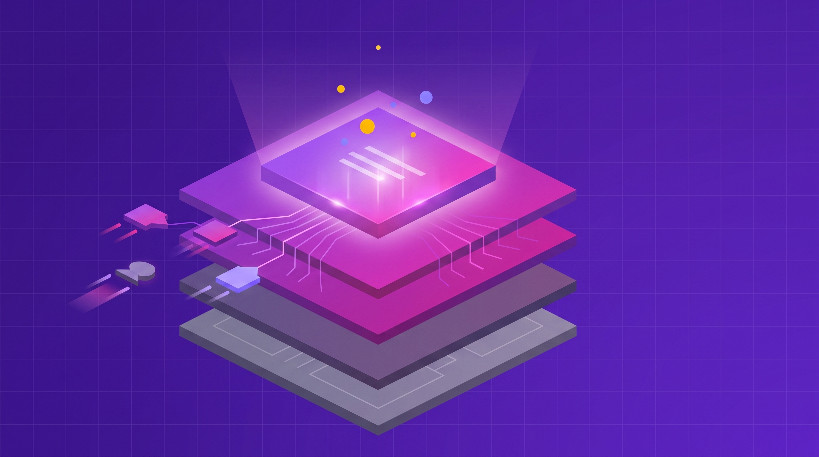 Isometric illustration of customer feedback flowing from multiple sources into a single traceable analytics layer stacked on top of a survey platform, with one layer highlighted.