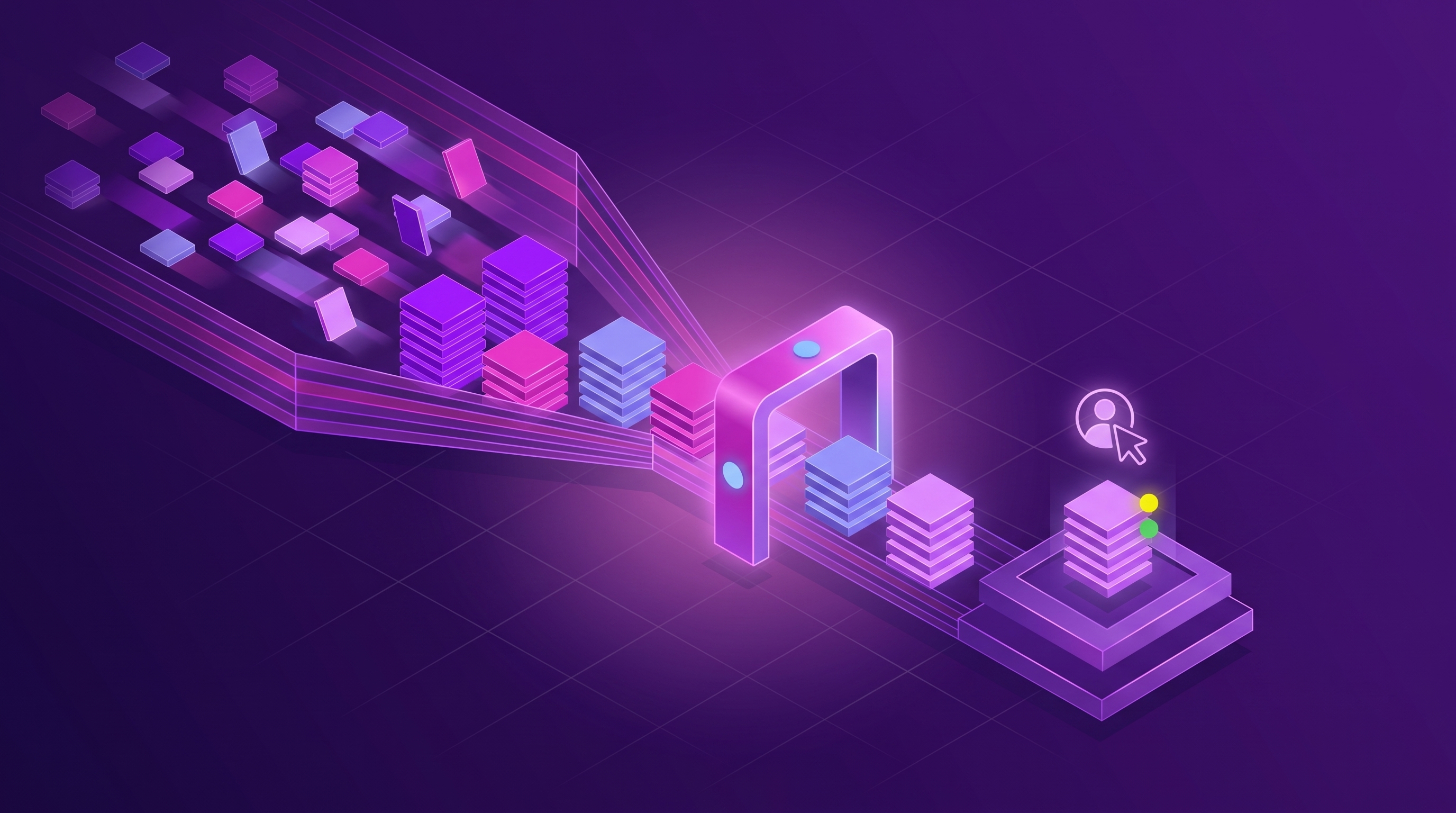 An isometric split scene showing an AI agent sorting a stream of customer feedback comments into color-coded theme stacks on one side and a human analyst reviewing and approving those themes on the other, with a checkpoint gate between them.