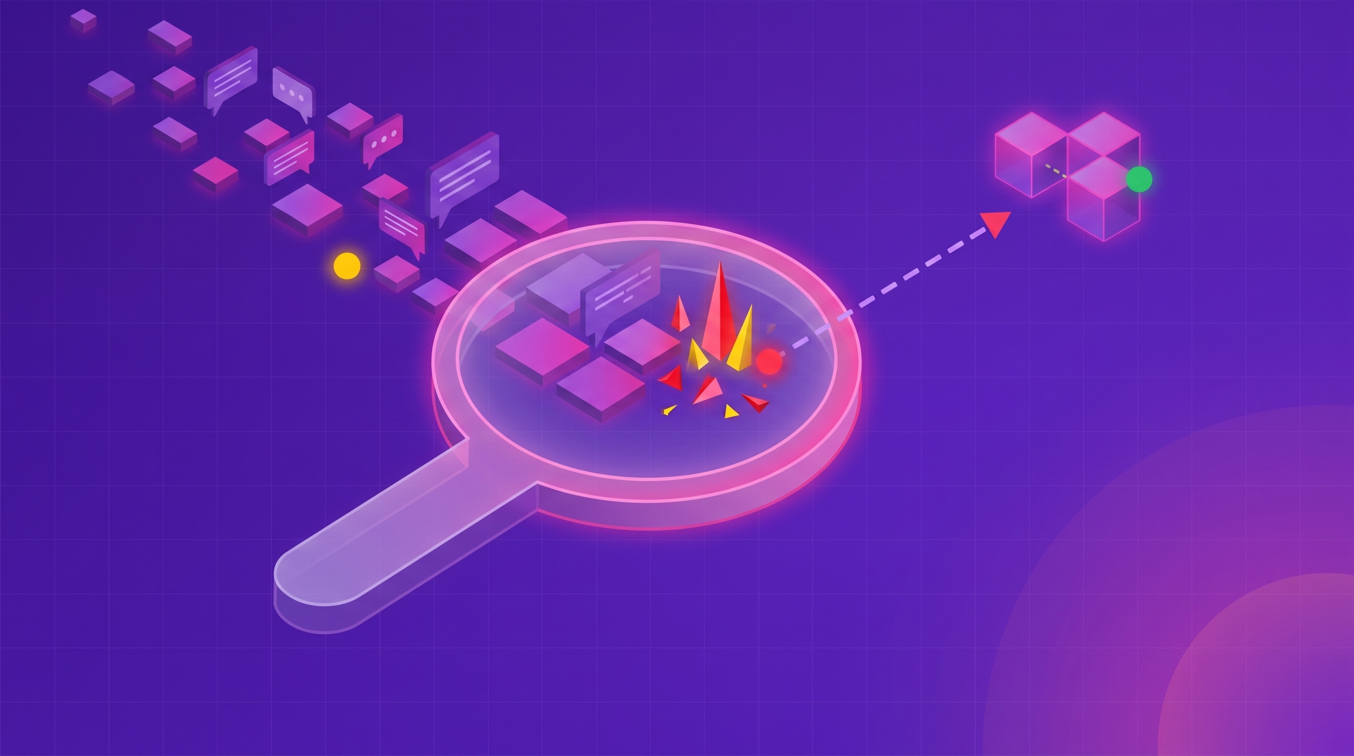 An isometric product-quality early-warning scene where a stream of customer review and support comments flows into a magnifier that flags a small cluster of bug and defect comments early, a small red spike is caught before it grows, and the flagged issue routes to a product and engineering team.