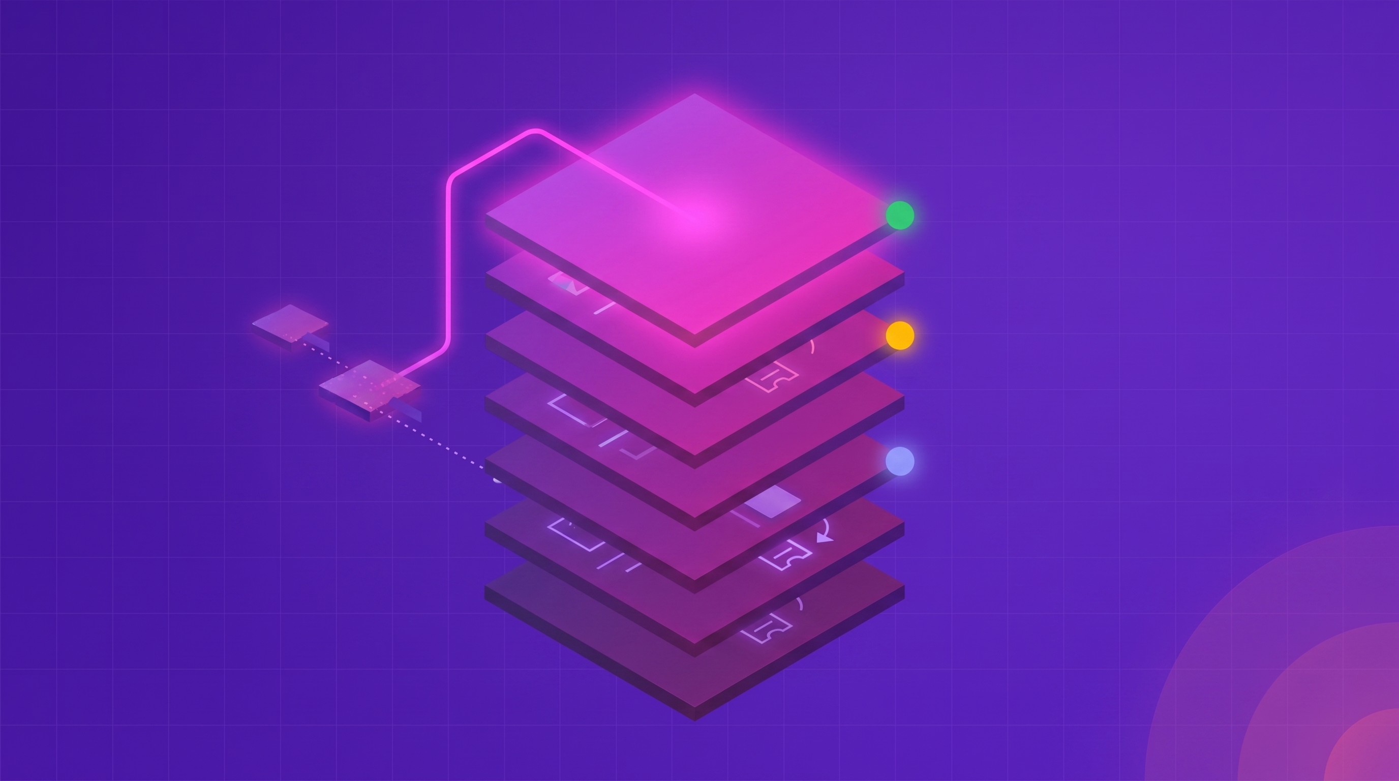 An isometric stack of seven layered platforms processing a stream of support tickets, with only the top analytics layer tracing tickets back to their source.