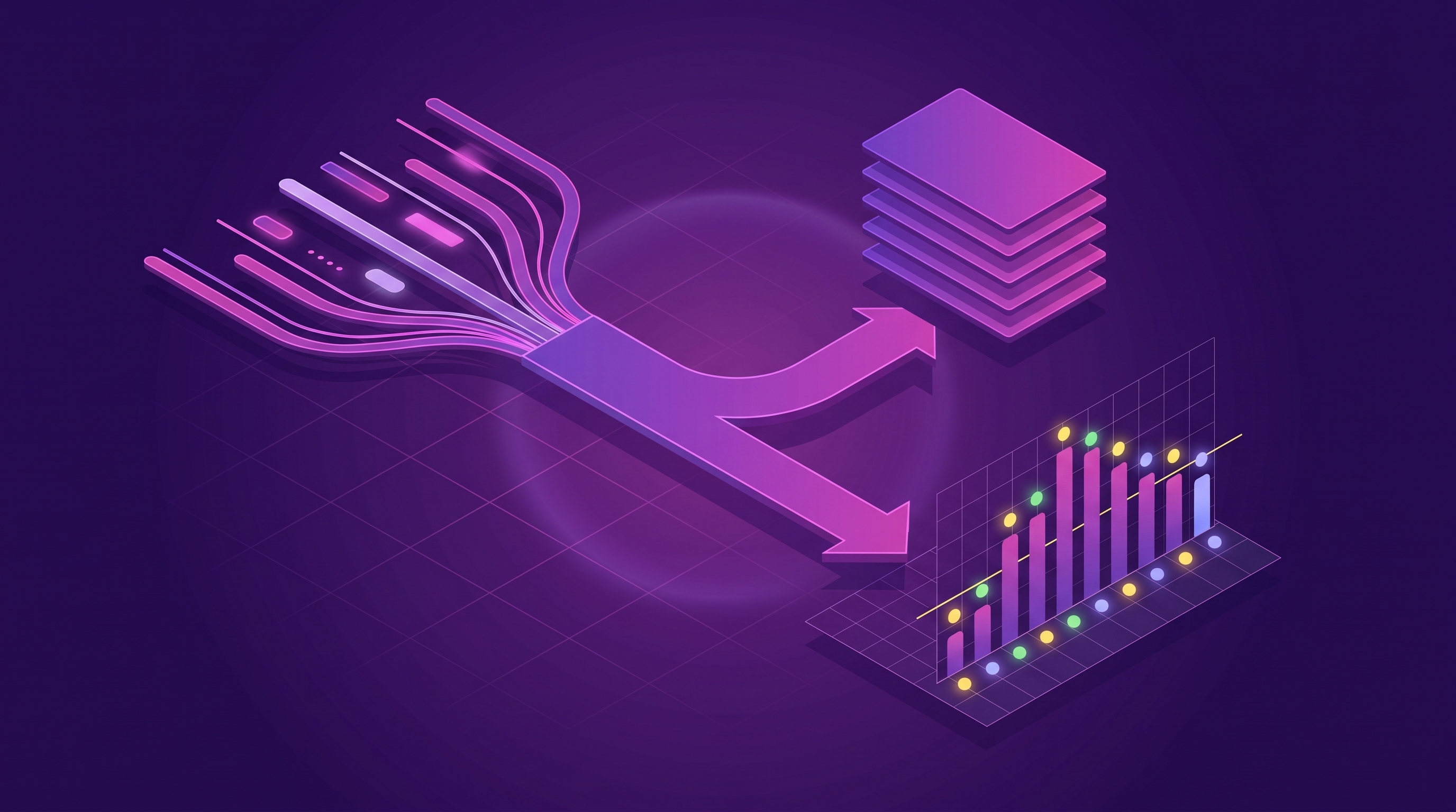 Many feedback channels converging into a single unified stream, which then splits into two divergent paths: one a flat list of themes, the other a quantified waterfall of bars rising and falling against a score line.
