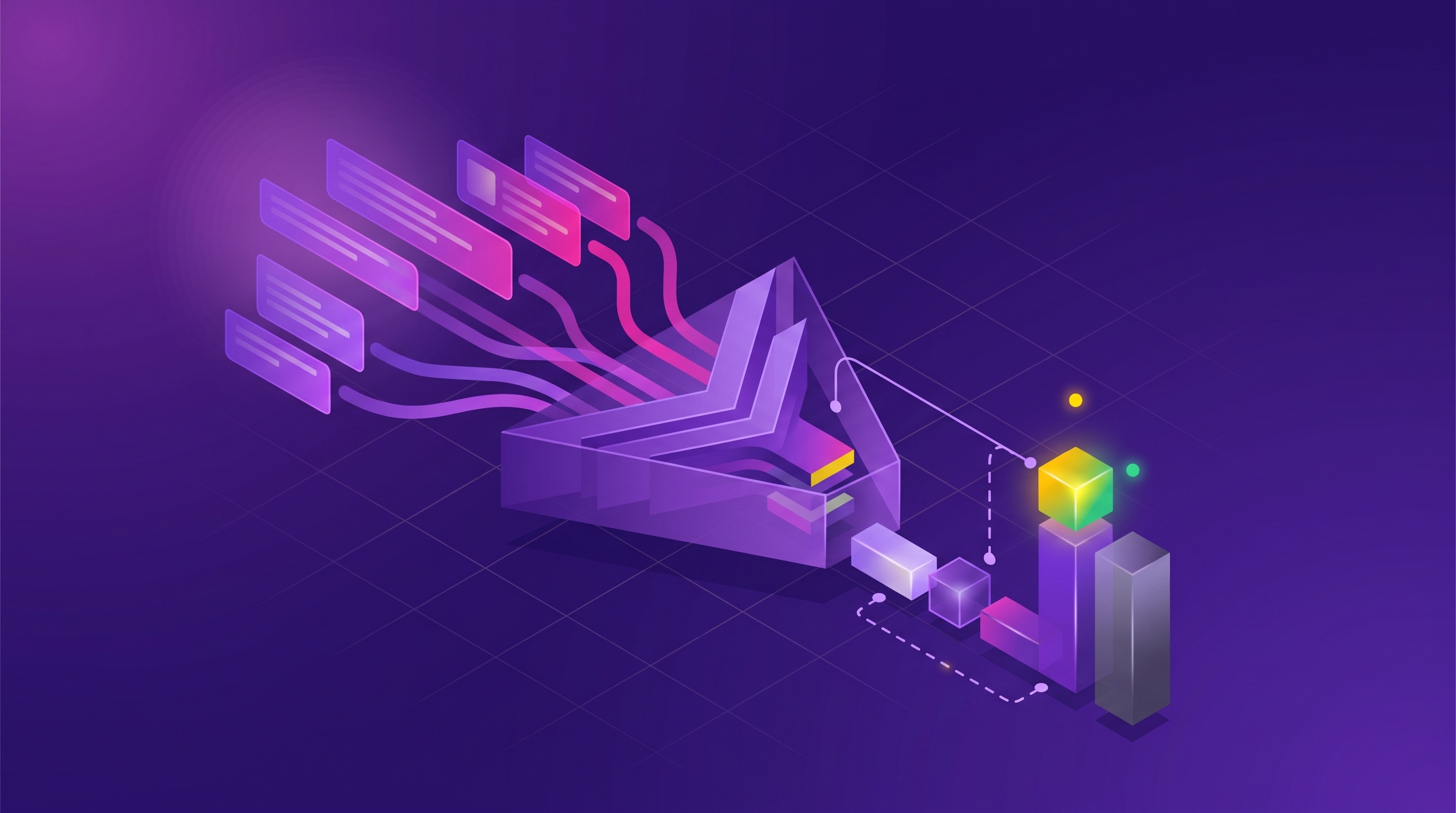 Many streams of customer feedback converging into grouped themes, then re-sorted into a short ranked roadmap list where a small theme rises above a tall one.