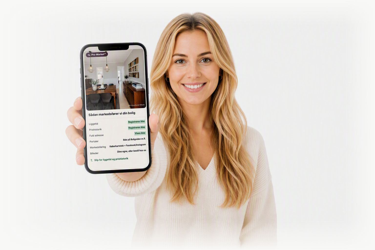 Kvinde viser en Pre-Market-annonce på mobilen