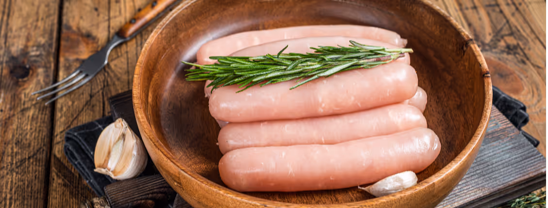 Raw pink sausages stacked in a wooden bowl garnished with a sprig of rosemary, next to garlic cloves on a rustic wooden table.
