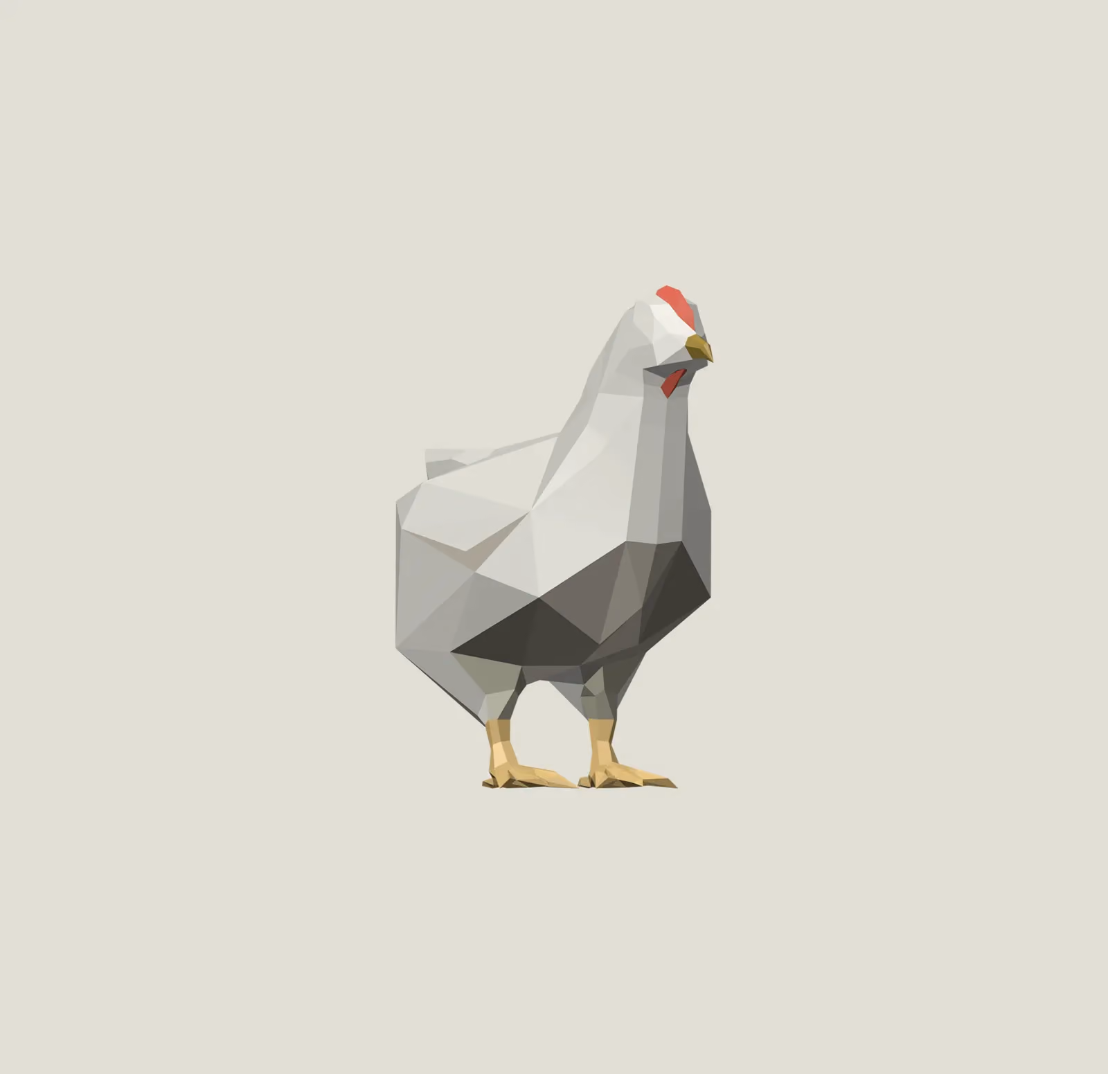 Low-poly 3D chicken model standing on a light gray background.