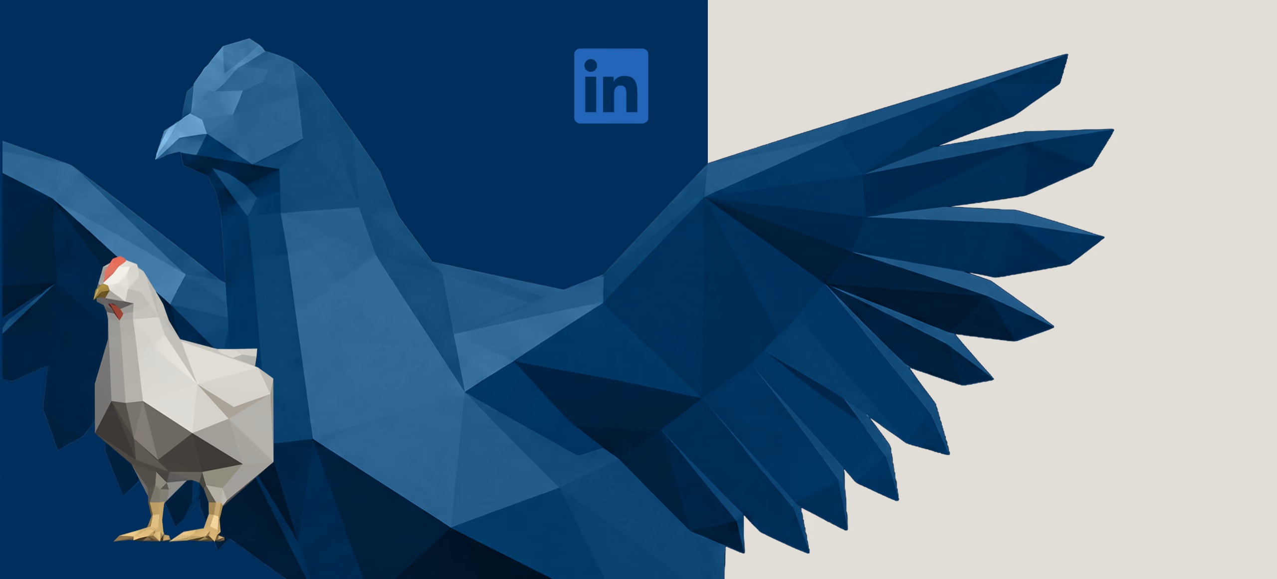Low-poly blue bird with wings spread and a smaller low-poly white chicken in front on blue and beige background.