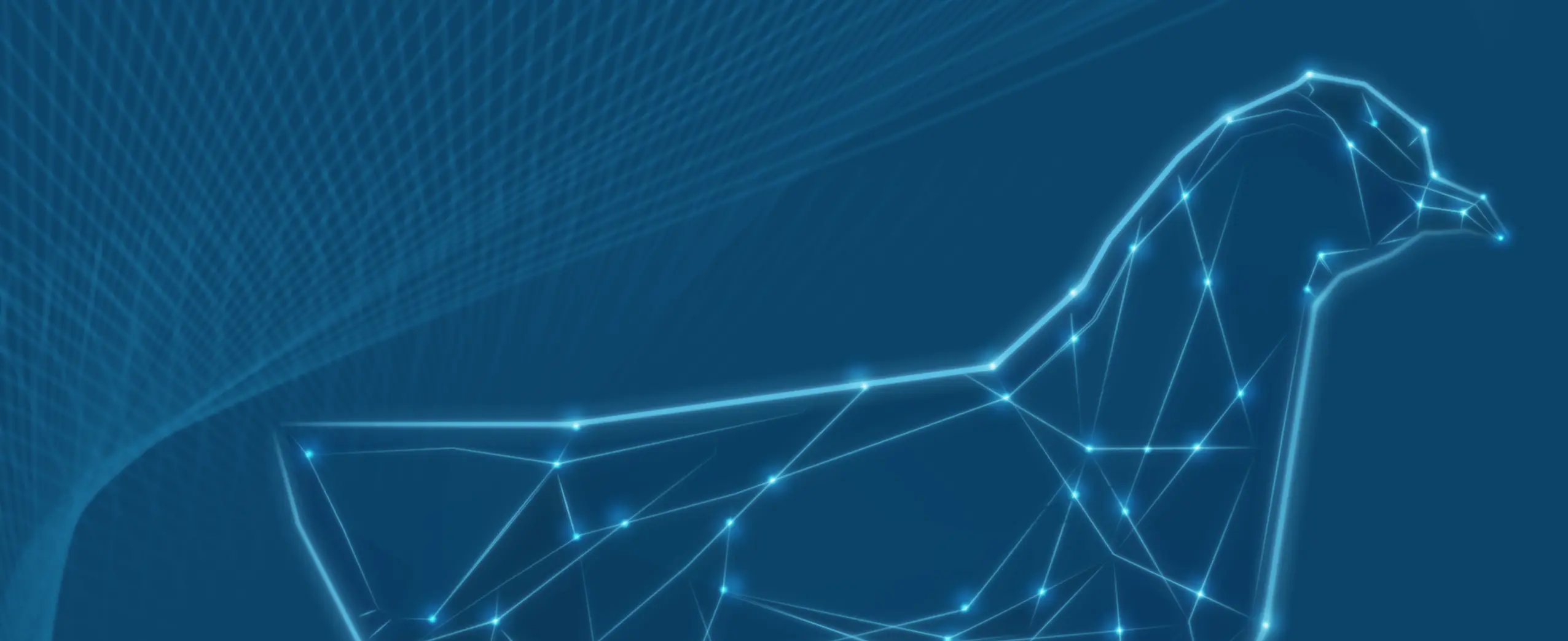 A digital geometric outline of a bird made with glowing interconnected blue points and lines on a darker blue background with wave patterns.