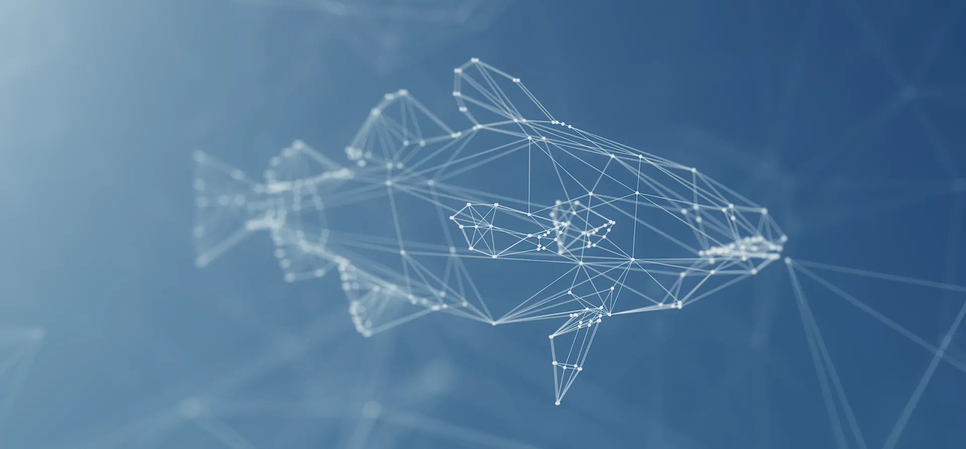Abstract 3D wireframe model of a fish composed of white interconnected nodes and lines on a blurred blue background.