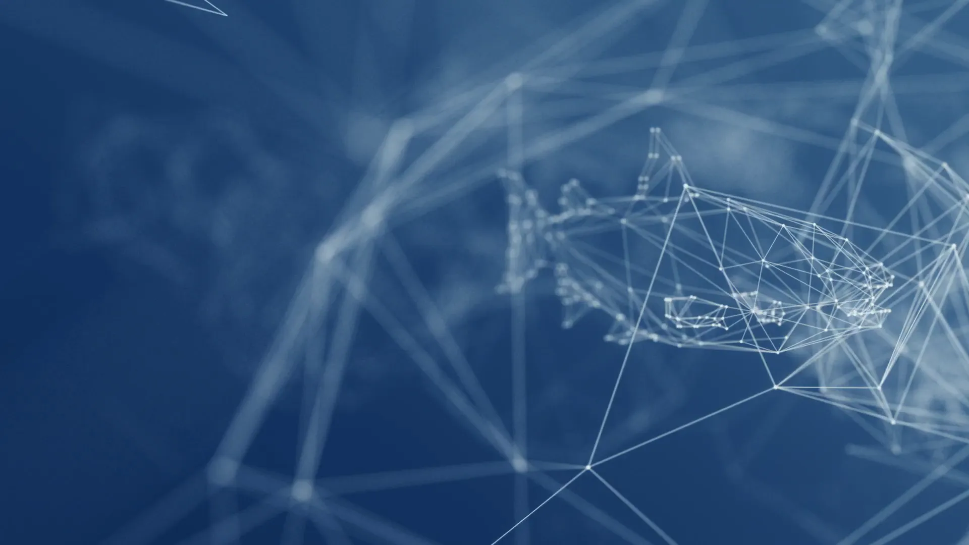Abstract digital network of interconnected white lines and nodes forming geometric shapes on a blue background.
