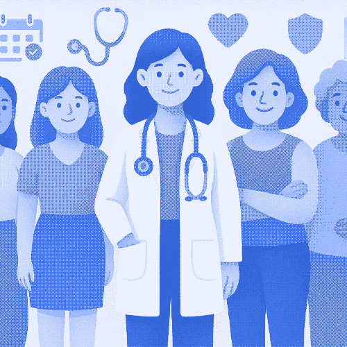 Illustration of women in their 20s to 60s representing health screenings at different life stages in a private clinic setting.