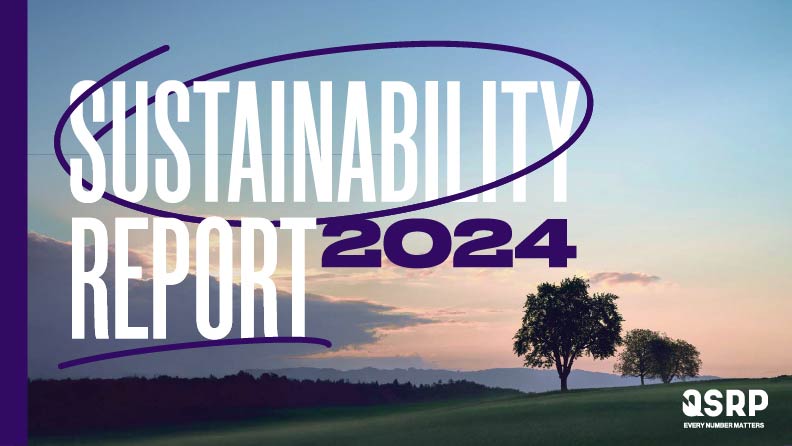 A view of a grass field with a tree during the sunset, with an overlay text saying "sustainability report"