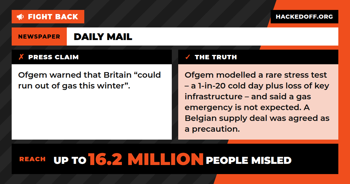 Fight back: Daily Mail claimed Ofgem warned that Britain “could run out of gas this winter”. The truth: Ofgem said a gas emergency is not expected.