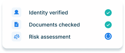 KYC checks: identity verified, documents checked, risk assessment