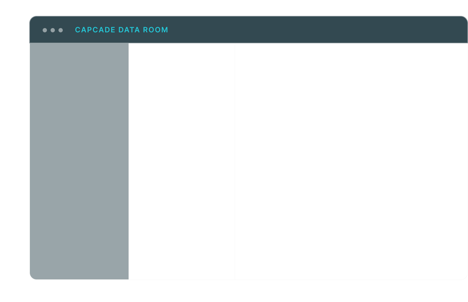 Capcade data room interface showing folder structure, live audit log and an open document with MCP assistant connected