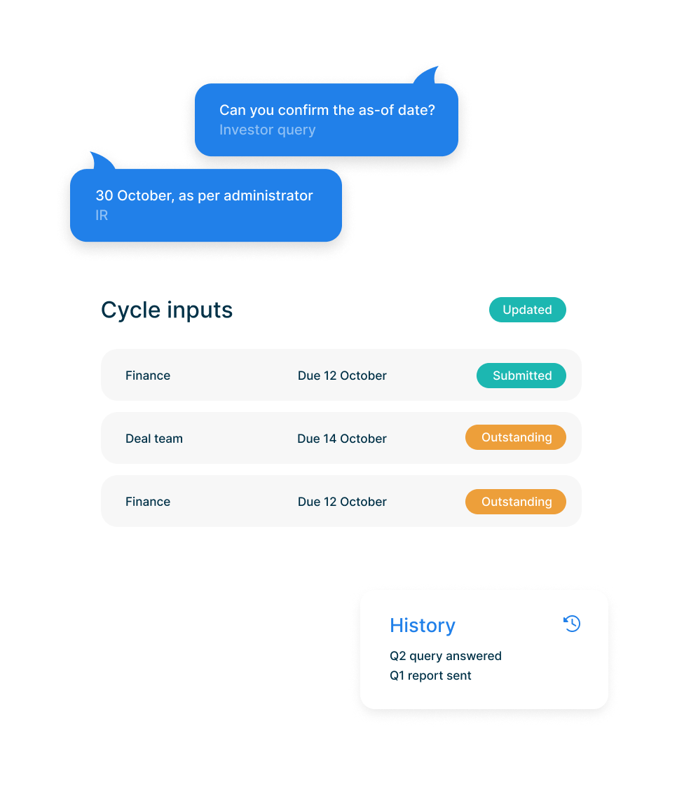 Cycle inputs from finance and the deal team with due dates, an investor query answered in thread, and query history