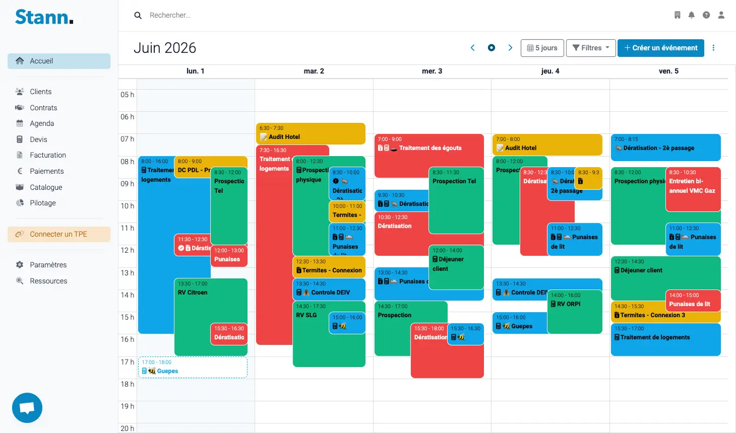 capture du logiciel de gestion d'interventions stann, vue de la partie agenda
