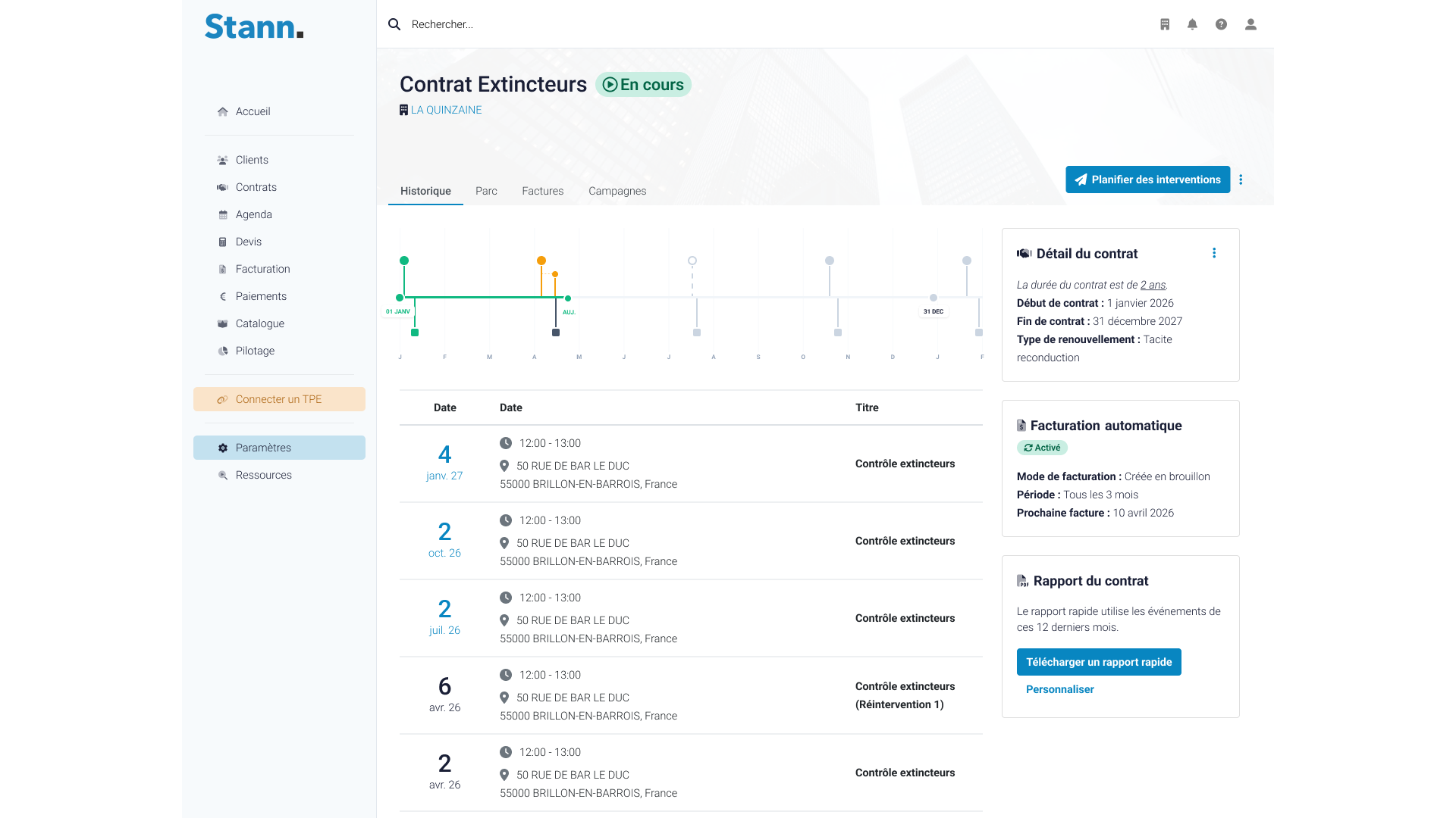 exemple d'un contrat de maintenance d'extincteurs dans le logiciel de gestion des interventions stann