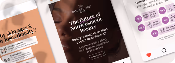 Création d’un carrousel d’une dizaine de slides pour promouvoir le lancement de l’actif Novastyne®Glow sur LinkedIn.